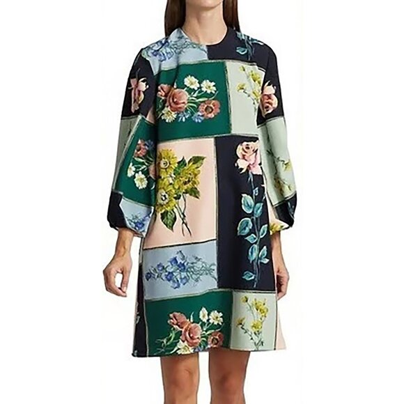 Lela Rose Patchwork Floral Portrait Print Balloon Sleeve Shift Dress Tunic 4 - Picture 1 of 16